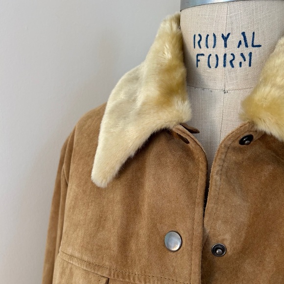 VTG 90s Suede Jacket Dennis Basso 100% Leather Tan Detachable Fur Collar Sz S - Picture 3 of 5